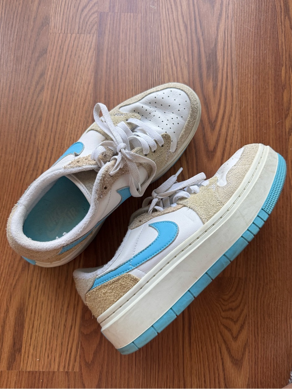 Nike Platform Sneakers White Tan Blue Suede Low Top Size 9.5